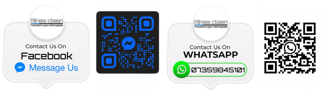 Icons for Facebook and WhatsApp contact with QR codes for messaging options.